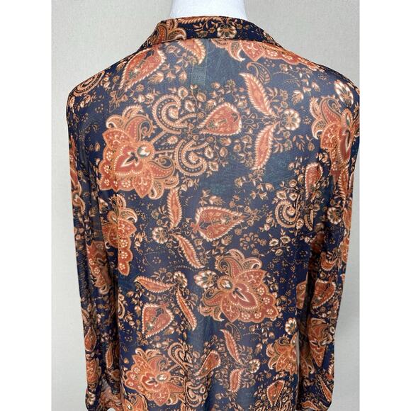 PerSeption Concepts XL Navy Blue Orange Button front V-neck Sheer Blouse Top - Picture 9 of 15